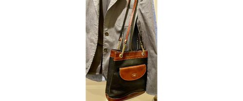 Vtg Bally Double Strap Leather Bucket Shoulder Bag in Black/Tan, made in Italy