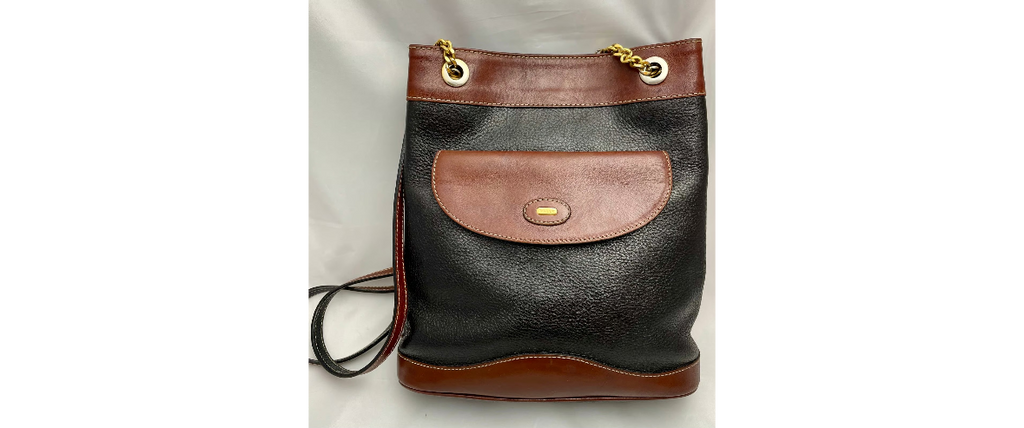 Vtg Bally Double Strap Leather Bucket Shoulder Bag in Black/Tan, made in Italy